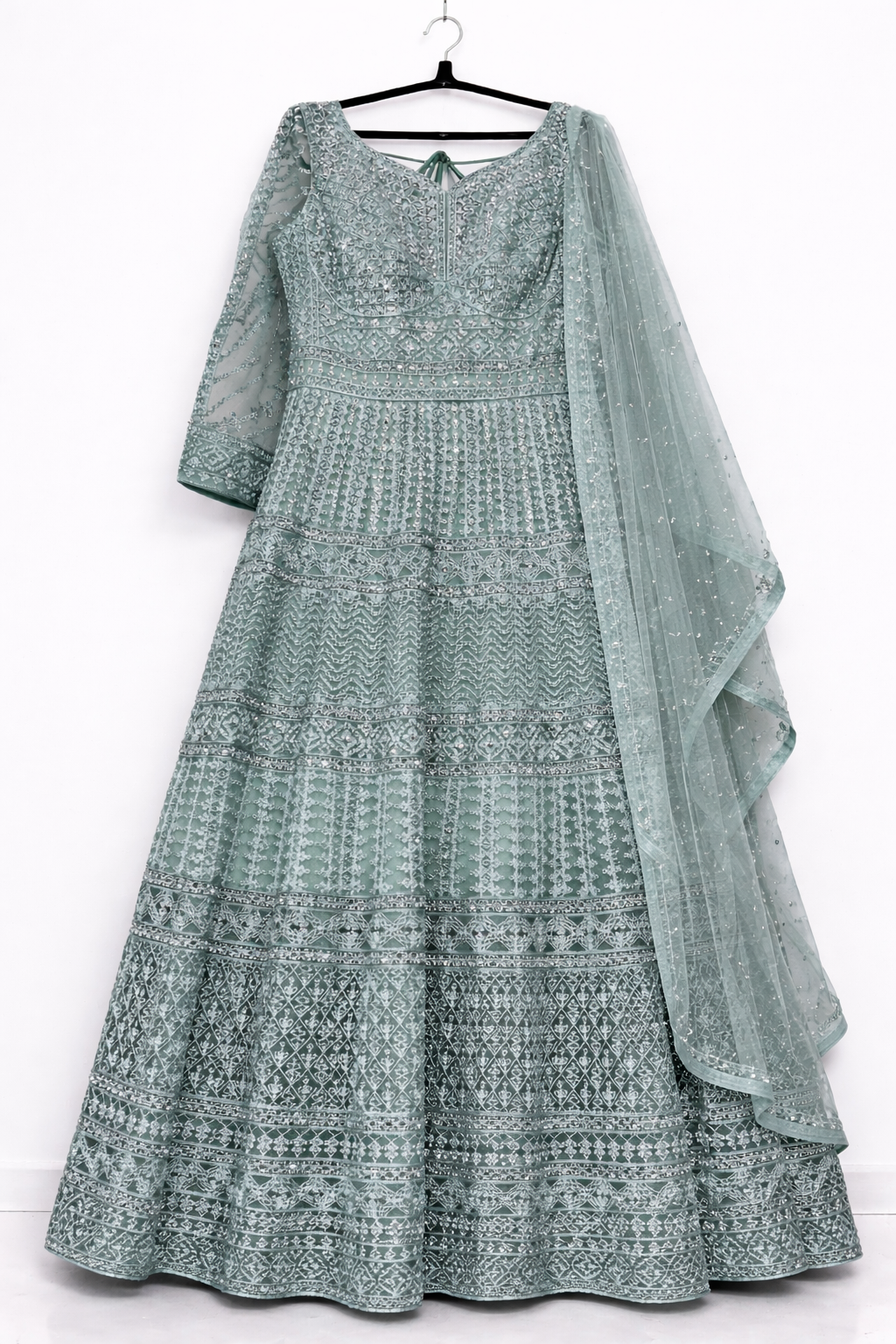 Mint Green Anarkali Gown with Silver Embroidery