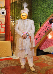 Ethnix by Raymond Men's White Sherwani with Embroidery