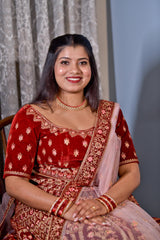 Manyavar Mohey Maroon Velvet Bridal Lehenga with Pink Dupatta