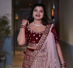 Manyavar Mohey Maroon Velvet Bridal Lehenga with Pink Dupatta
