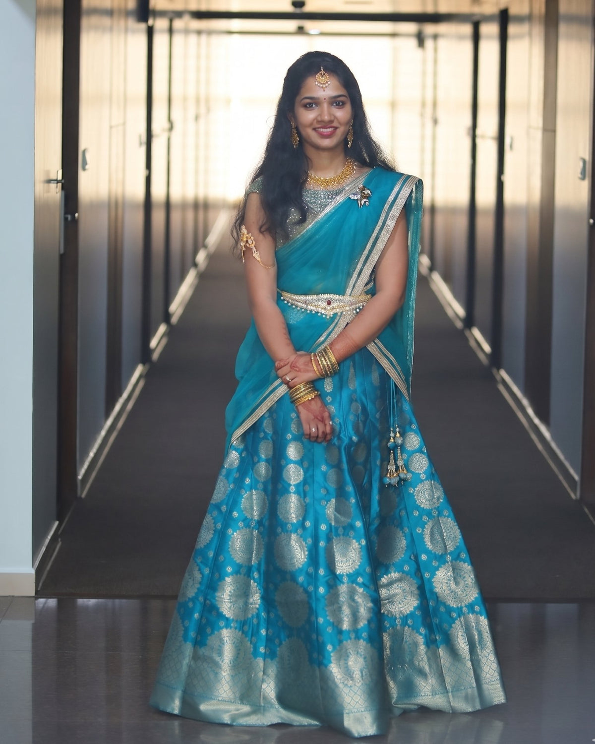 Teal Banarasi Lehenga Set with Zari Work and Dupatta