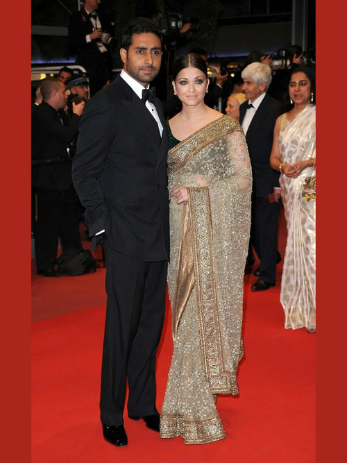 Sabyasachi Peach Embroidered Net Saree with Green Blouse