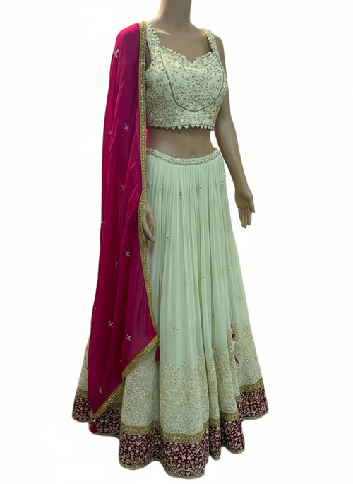Cream Lehenga with Contrast Pink Border and Matching Dupatta