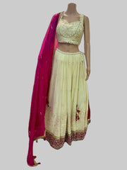 Cream Lehenga with Contrast Pink Border and Matching Dupatta - My Store