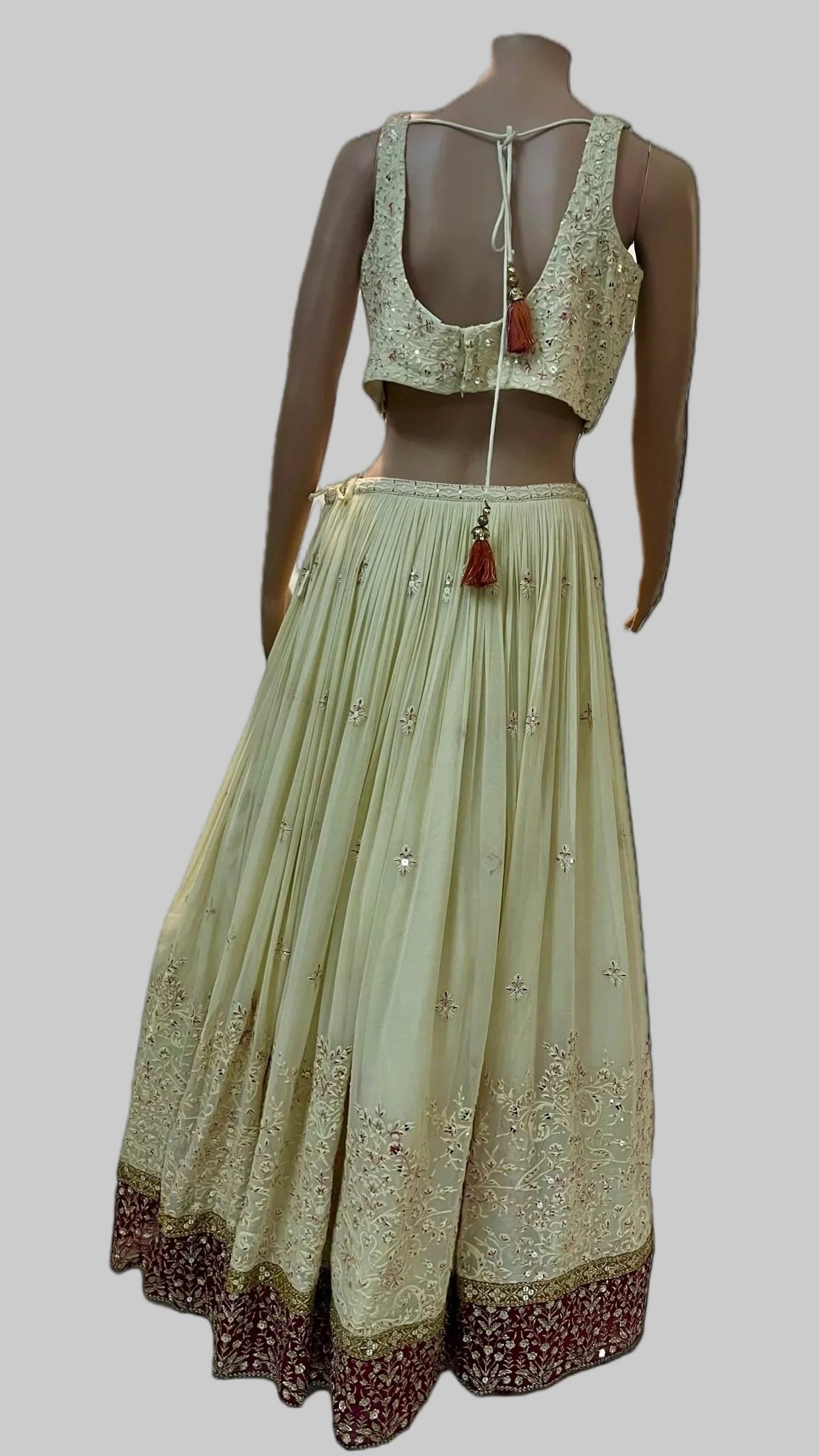 Cream Lehenga with Contrast Pink Border and Matching Dupatta - My Store