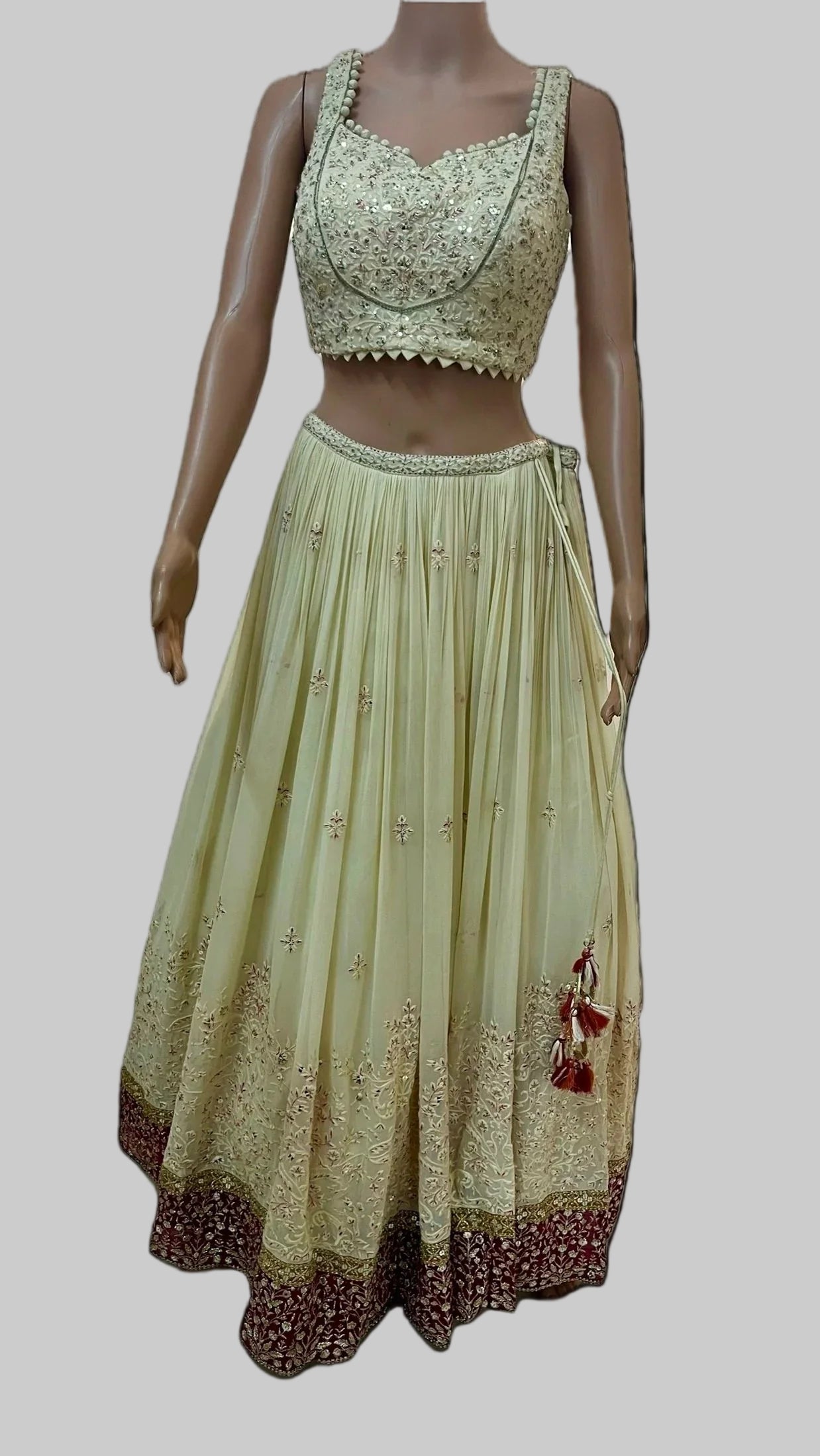 Cream Lehenga with Contrast Pink Border and Matching Dupatta - My Store