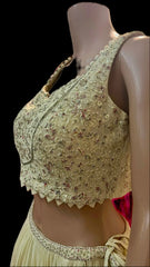 Cream Lehenga with Contrast Pink Border and Matching Dupatta - My Store