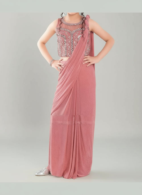 Onion Pink Ready to Wear Kids Saree with Embellished Blouse (2–3 Years)