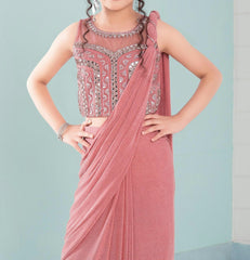 Onion Pink Ready to Wear Kids Saree with Embellished Blouse (2–3 Years)