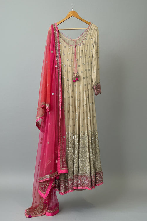 Beige Fuchsia Mirror Work Anarkali Gown with Dupatta