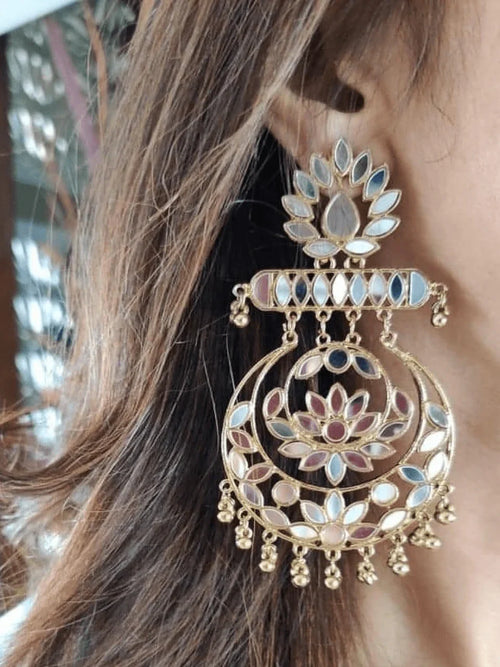 Gold Plated Mirror Work Long Dangler Chandbali Earrings