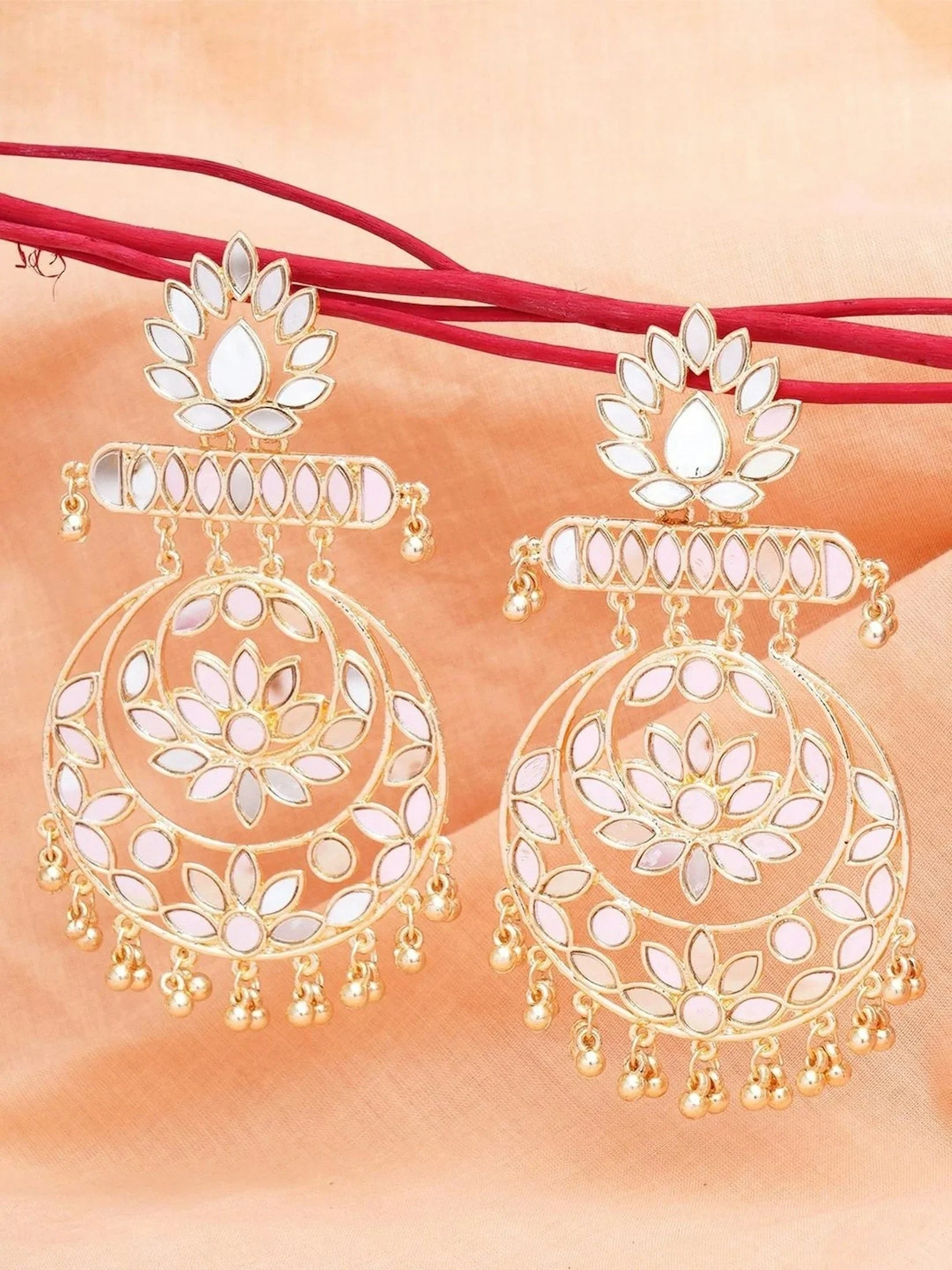 Gold Plated Mirror Work Long Dangler Chandbali Earrings - My Store