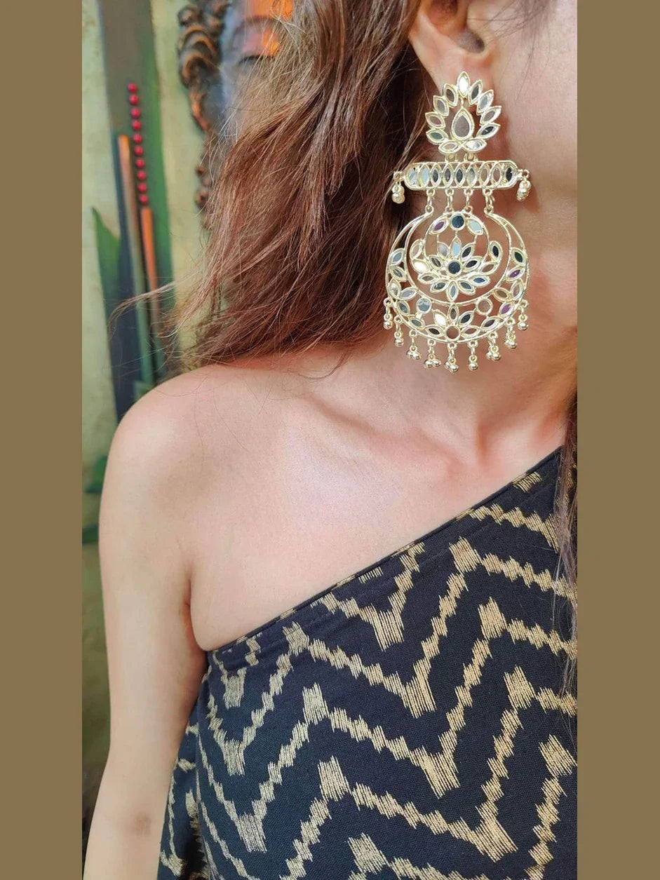 Gold Plated Mirror Work Long Dangler Chandbali Earrings - My Store