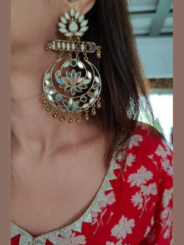 Gold Plated Mirror Work Long Dangler Chandbali Earrings - My Store