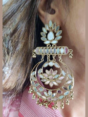 Gold Plated Mirror Work Long Dangler Chandbali Earrings - My Store