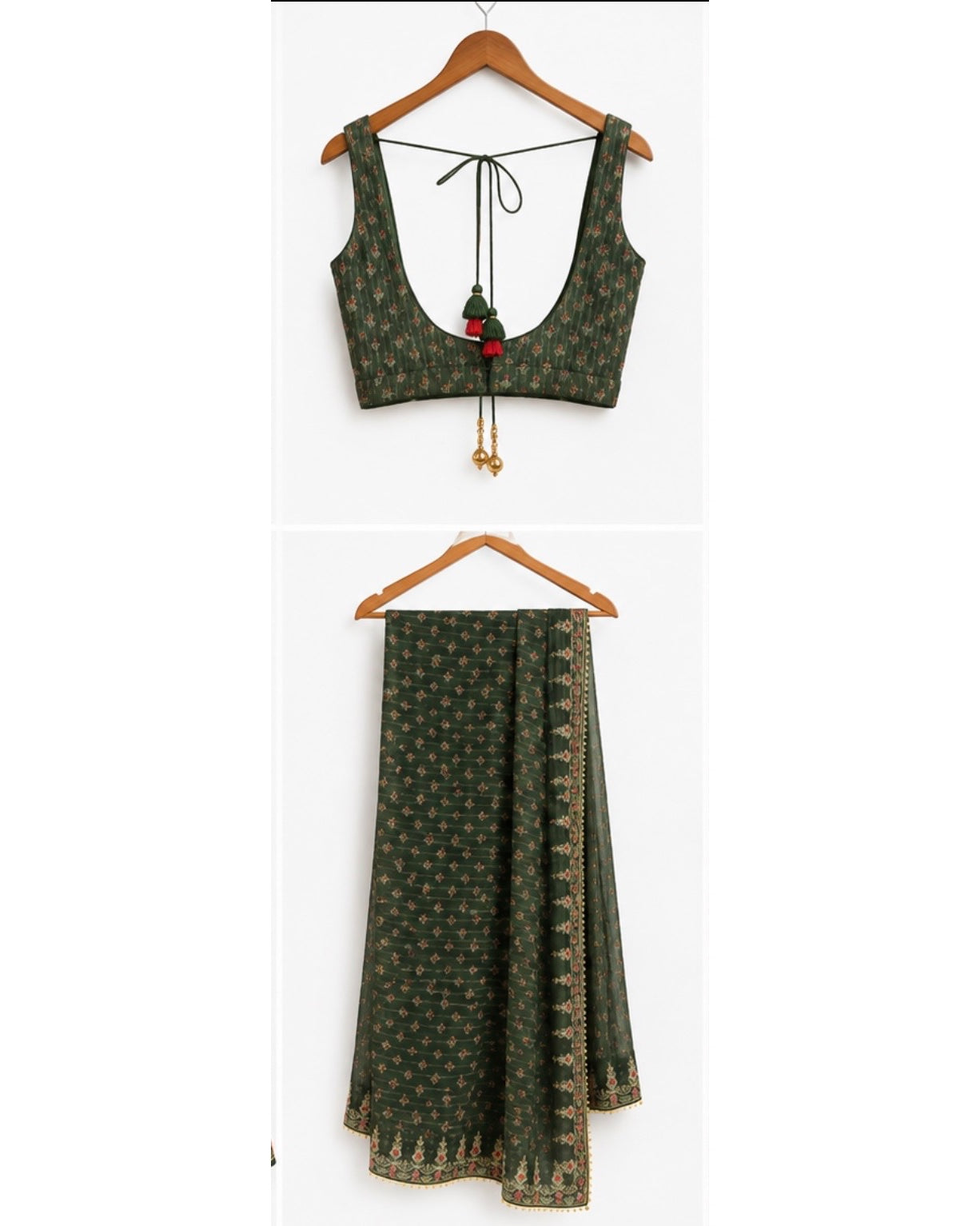 A dark green printed two-piece outfit consisting of a sleeveless tie-neck blouse and matching wide-leg pants, displayed on wooden hangers against a white background.