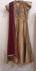 Beige and Maroon Long Kurta Combo Lehenga Set or Salwar Set
