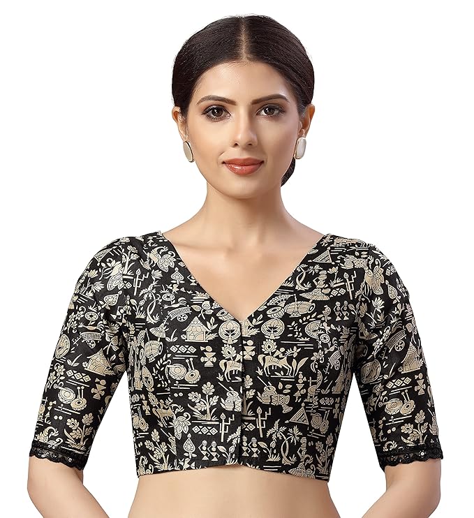 Black and Beige Printed Blouse with Half Sleeves