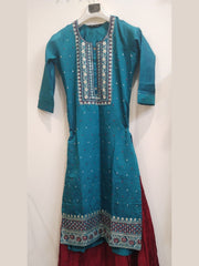 Blue Embroidered Kurta with Maroon Skirt Set