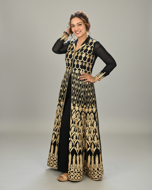 Blue Gotta Patti Embroidered Front Slit Gown, Pants & Dupatta Set