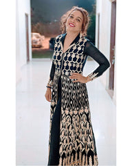 Blue Gotta Patti Embroidered Front Slit Gown, Pants & Dupatta Set