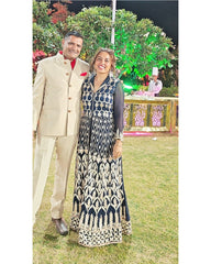 Blue Gotta Patti Embroidered Front Slit Gown, Pants & Dupatta Set