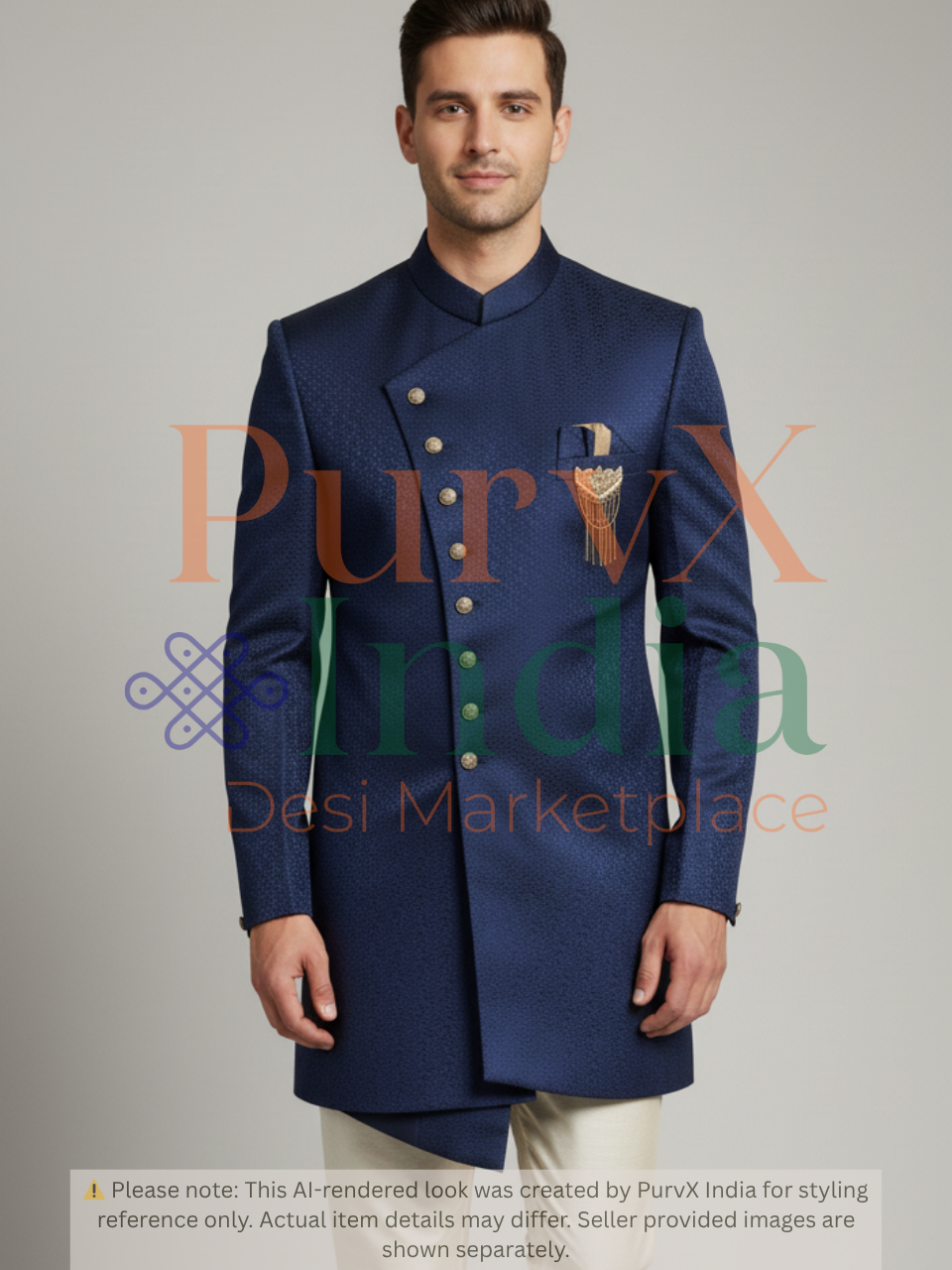 Man wearing a blue sherwani with a visible PurvX India logo on a gray background