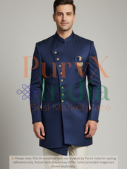 Man wearing a blue sherwani with a visible PurvX India logo on a gray background