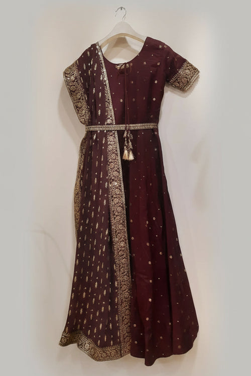 Brown and Gold Embroidered Anarkali Dress with Dupatta