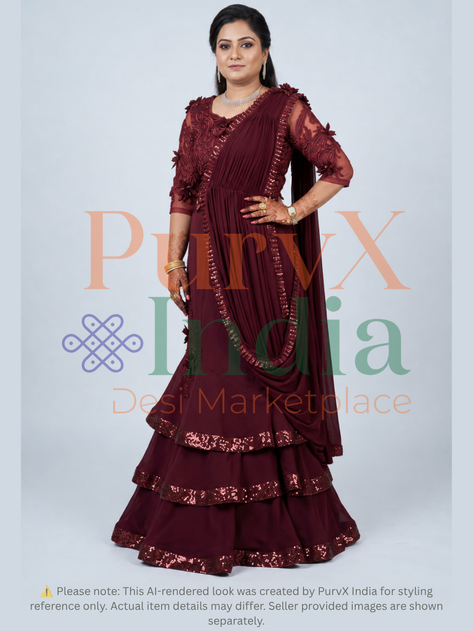 A woman modeling a deep maroon traditional Indian outfit with matching embroidered sleeves and a tiered skirt, set against a light gray background with a large 'Purvx India' watermark.