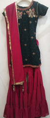 Dark Green and Rani Pink Embroidered Sharara Set