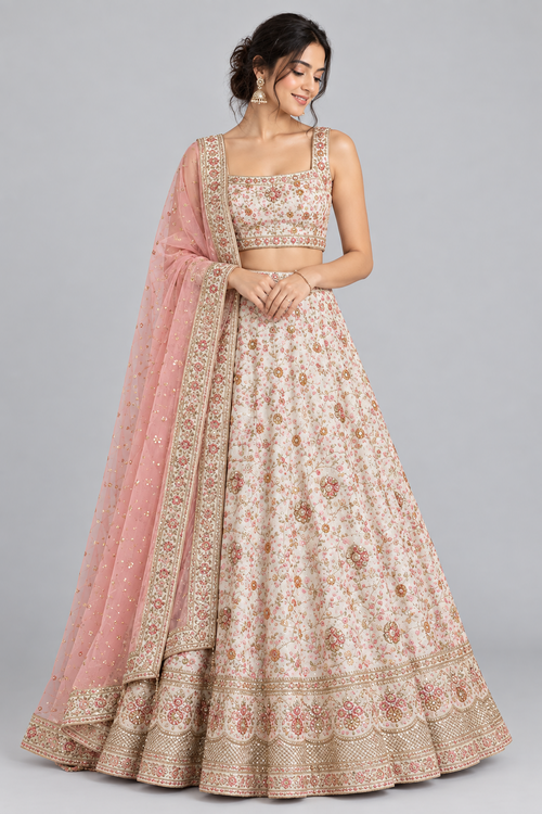 Cream Embroidered Bridal Lehenga with Dupatta