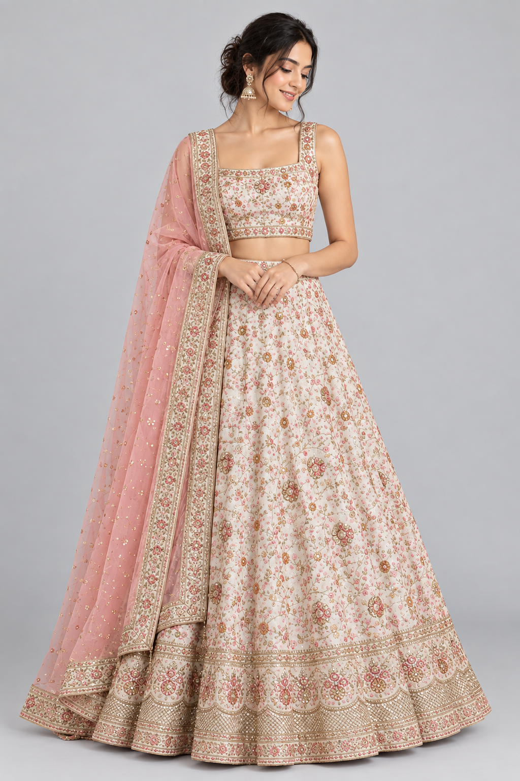 A woman models a traditional Indian lehenga choli set featuring a light beige skirt with pink and gold floral embroidery, a matching beige embroidered choli, and a sheer pink dupatta with gold embroidery, set against a solid gray studio background.