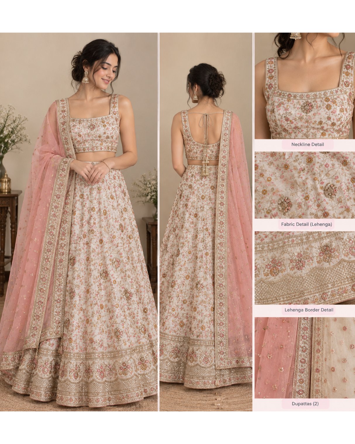 A three-panel collage showing a woman modeling a traditional Indian lehenga choli set, with close-up inset details on the right. The outfit has a light beige/cream base with intricate gold and pink floral embroidery, a pink dupatta, and a gold belt at the back.