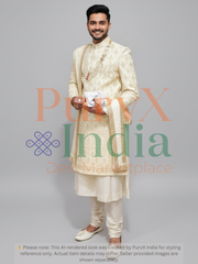 Man wearing a traditional cream sherwani with a gray background and PurvX India branding.