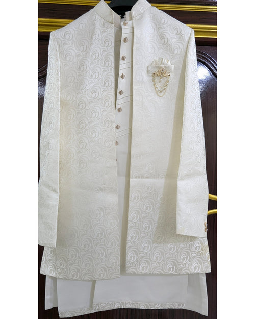 Cream Jacquard Indo Western Men's Suit
