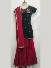 Dark Green and Rani Pink Embroidered Sharara Set