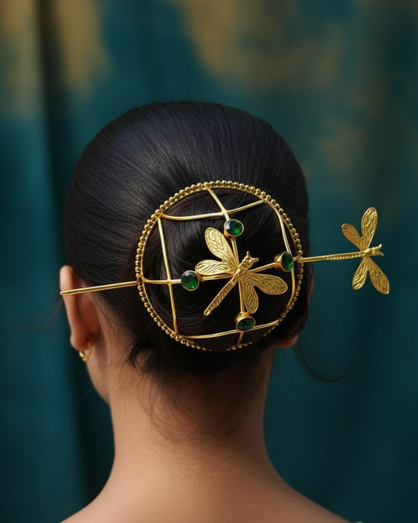 Gold hair accessory with dragonfly design on a blurred background