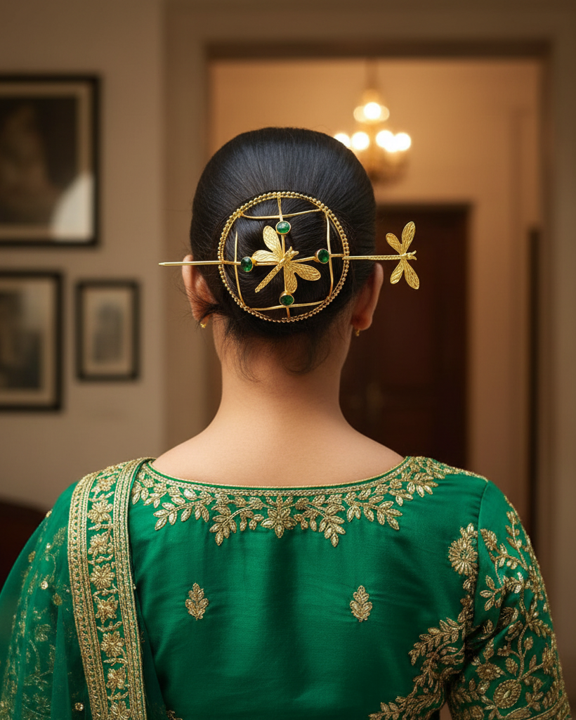 Person wearing a green embroidered outfit with a decorative hairpin in an indoor setting