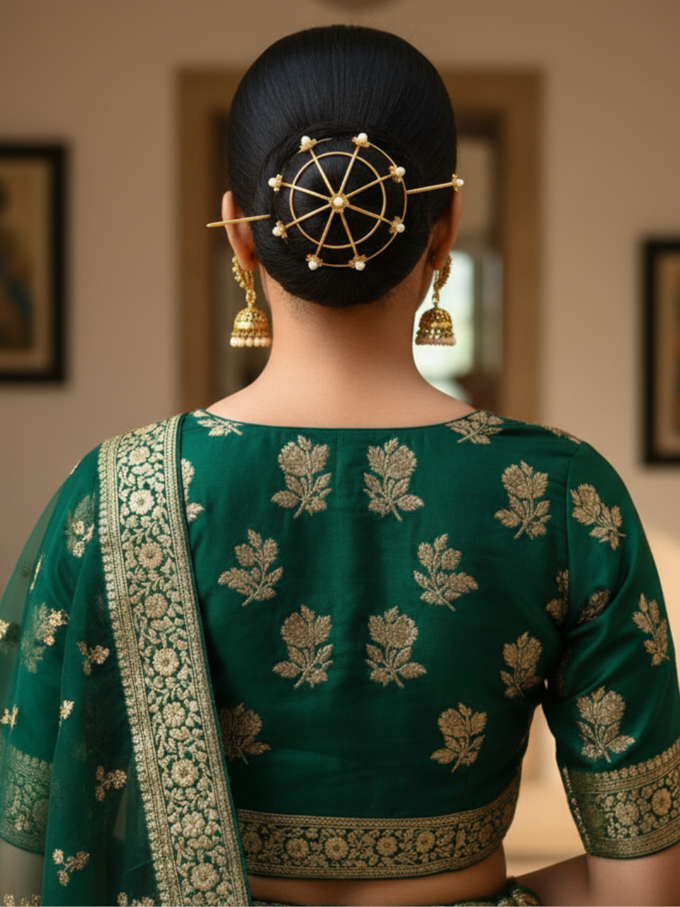 Woman wearing a green saree with floral patterns, back view, focusing on hair and jewelry.