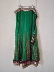 Green Georgette Lehenga Skirt with Zari Embroidery and Pink Dupatta