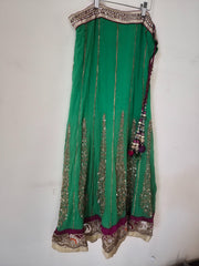 Green Georgette Lehenga Skirt with Zari Embroidery and Pink Dupatta