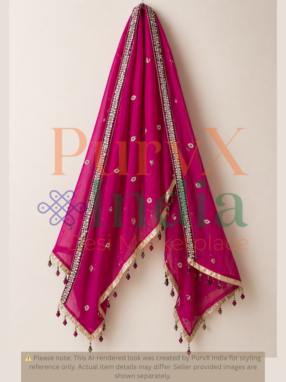 Pink dupatta with intricate designs and embellishments on a beige background, branded 'PurvX India'.