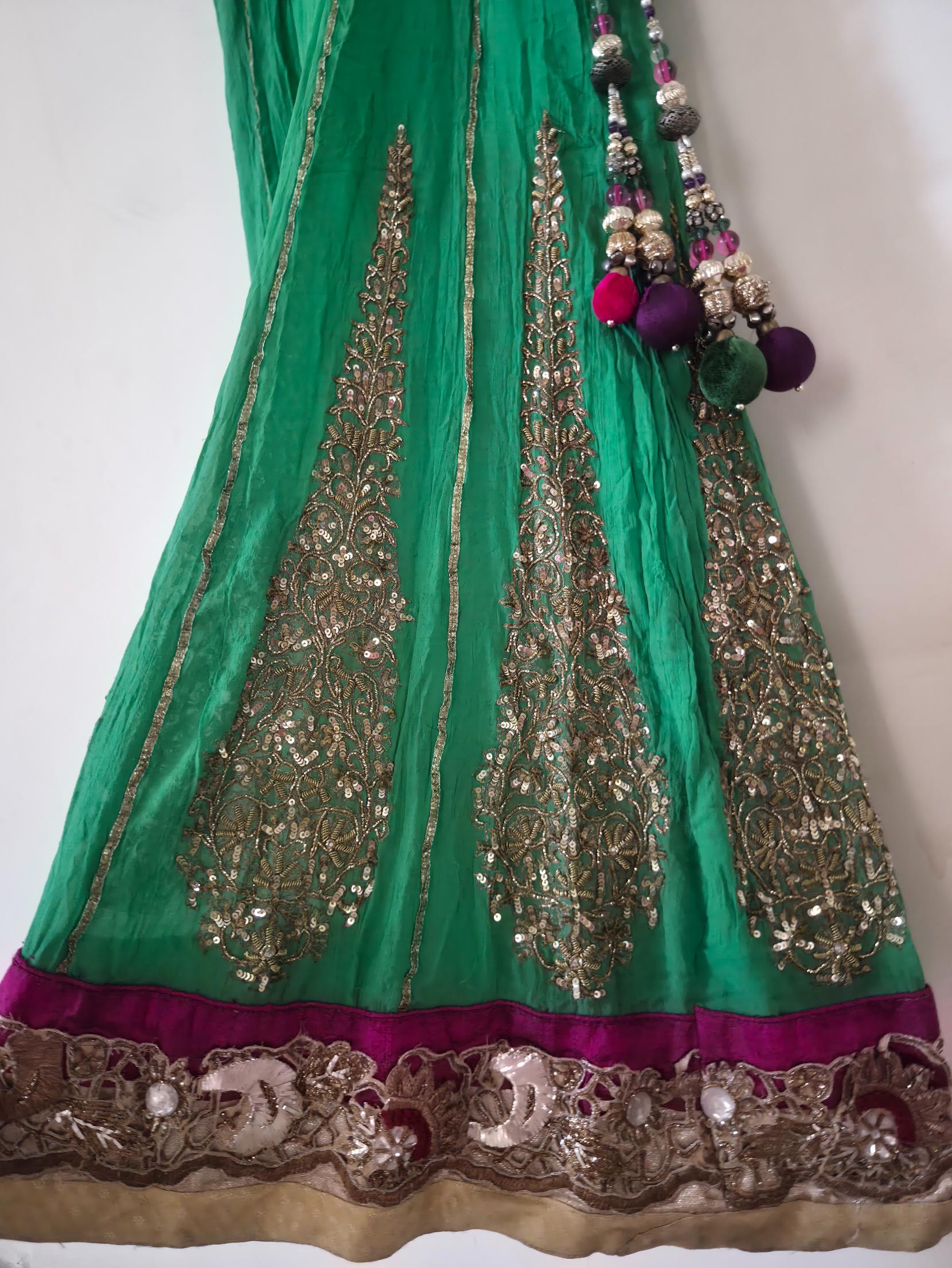 Green embroidered lehenga with gold detailing and a decorative border on a white background