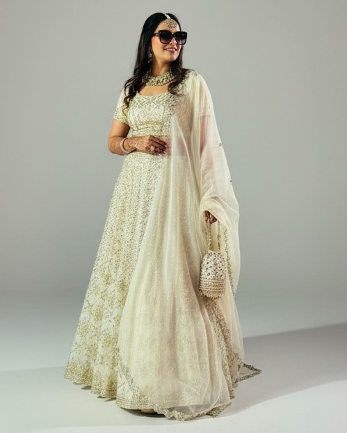 Woman wearing a white embroidered lehenga with a plain background