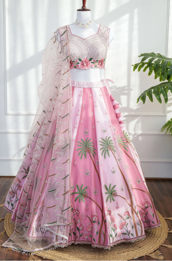 Pink embroidered lehenga on a mannequin with a white background