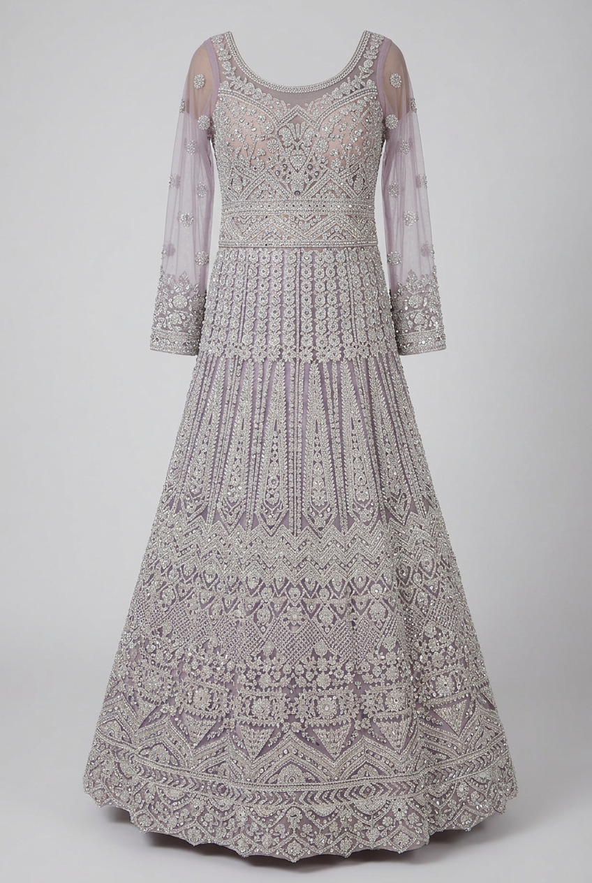 A heavily embellished floor-length gown with intricate beadwork and embroidery in pale lavender and silver tones, featuring sheer long sleeves and a flared skirt, shown against a light gray studio background.