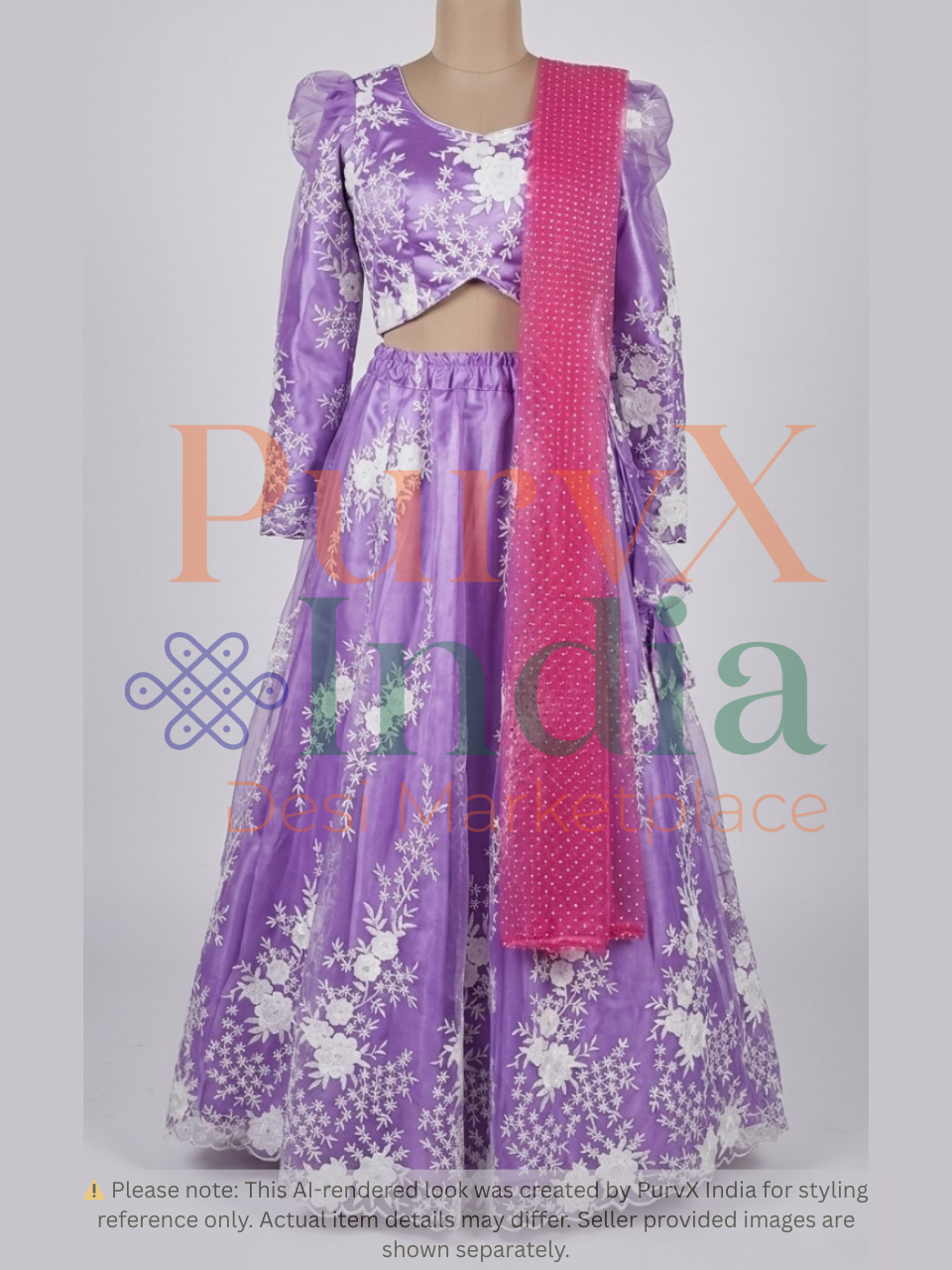 Purple floral lehenga with pink dupatta on a mannequin against a light gray background.