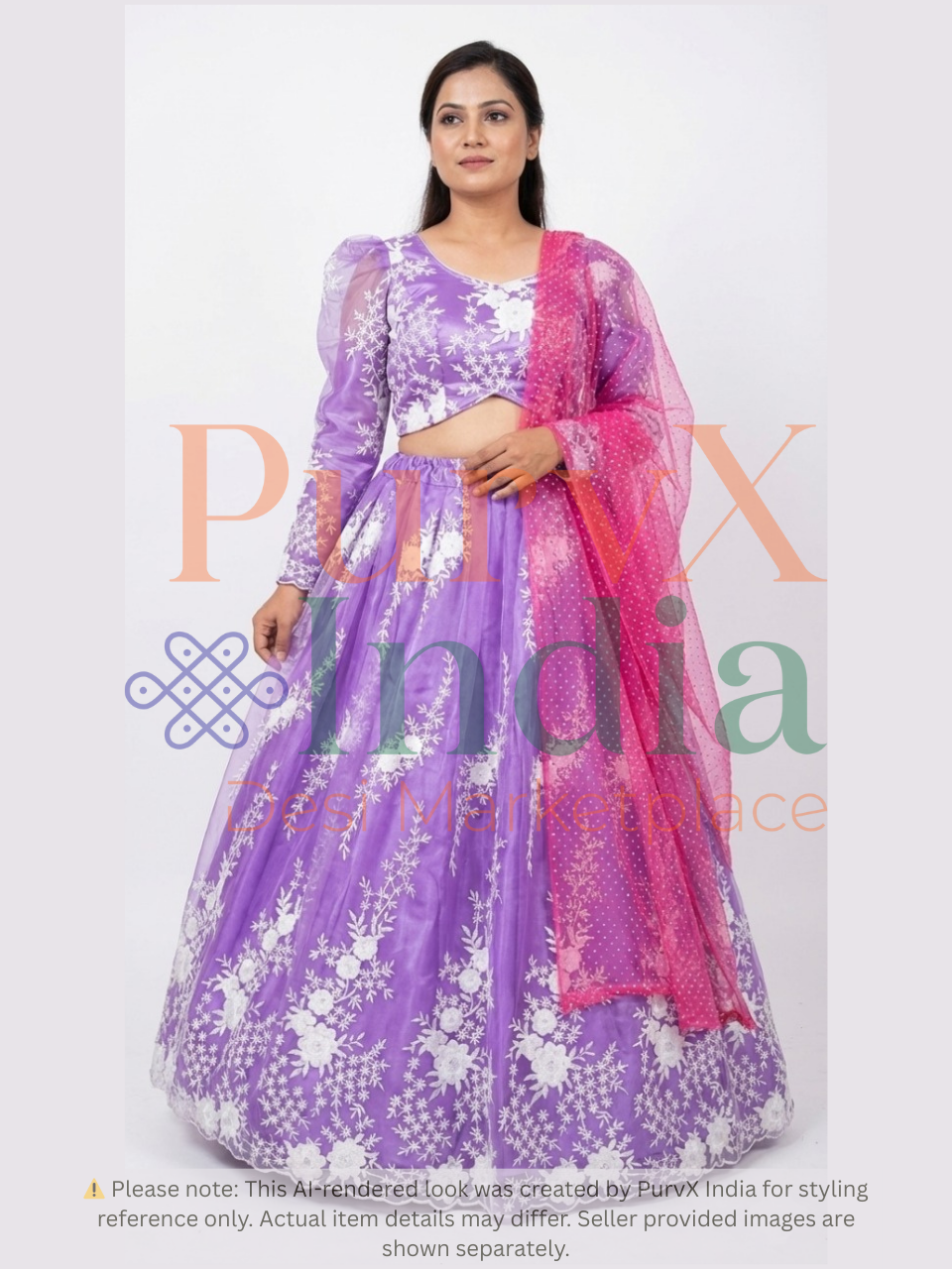 Woman wearing a purple and pink lehenga with floral patterns