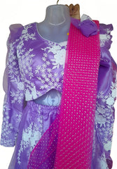 Mannequin wearing a purple floral dress with a pink dupatta on a white background